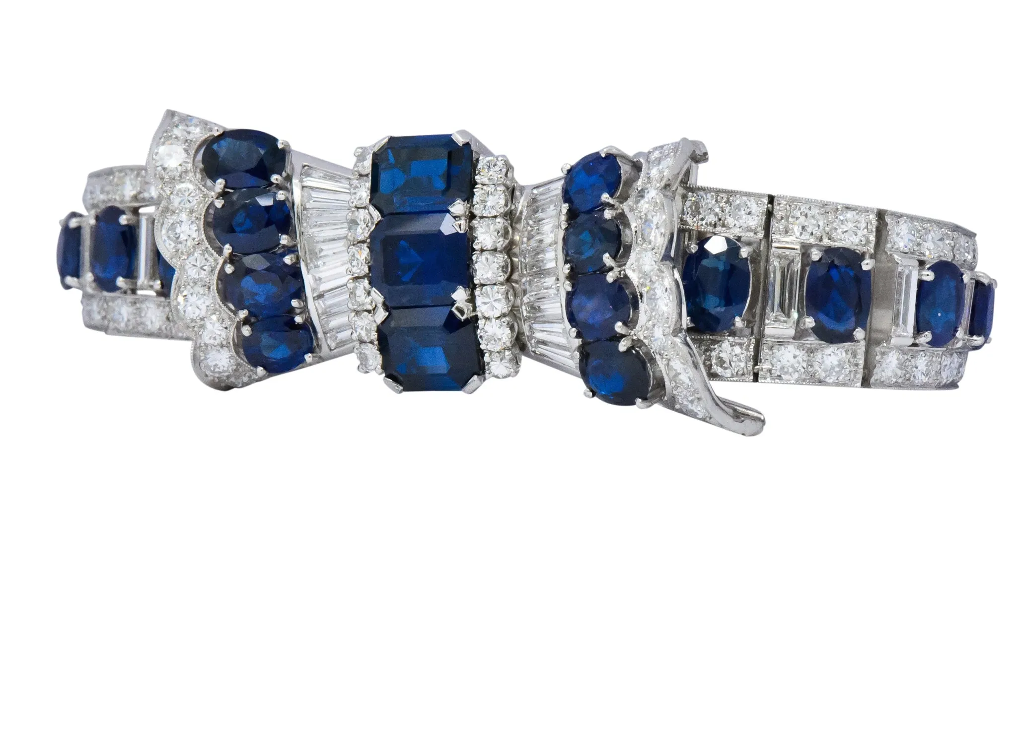 1950's Mid-Century 27.50 CTW Sapphire Diamond Platinum Bow Link Bracelet