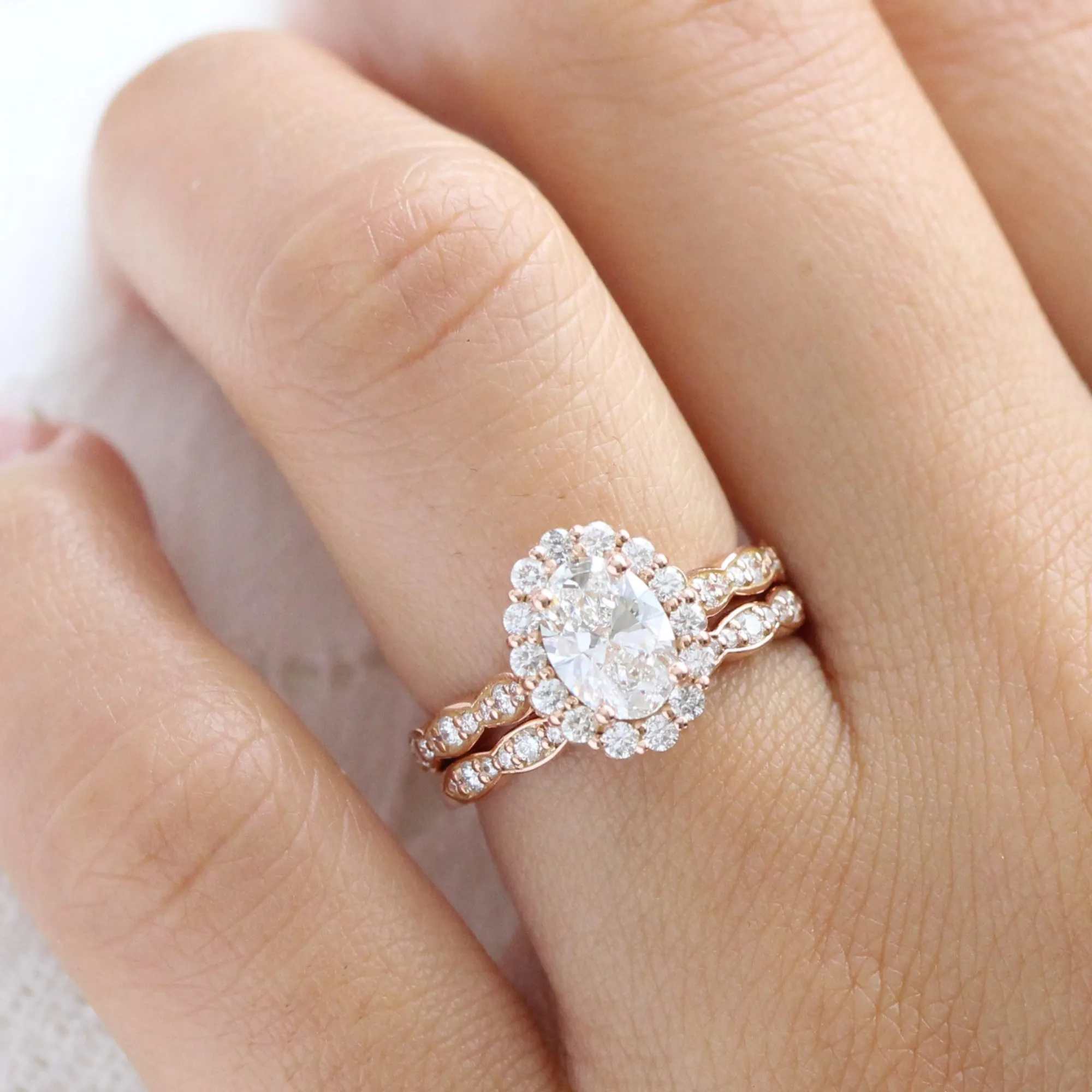 1.98 Ct Oval Diamond Halo Ring Set w/ Lab Diamond and Matching Wedding Band