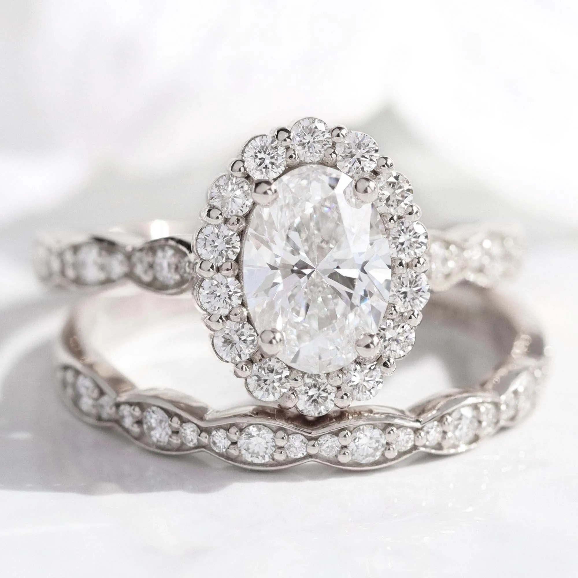 1.98 Ct Oval Diamond Halo Ring Set w/ Lab Diamond and Matching Wedding Band