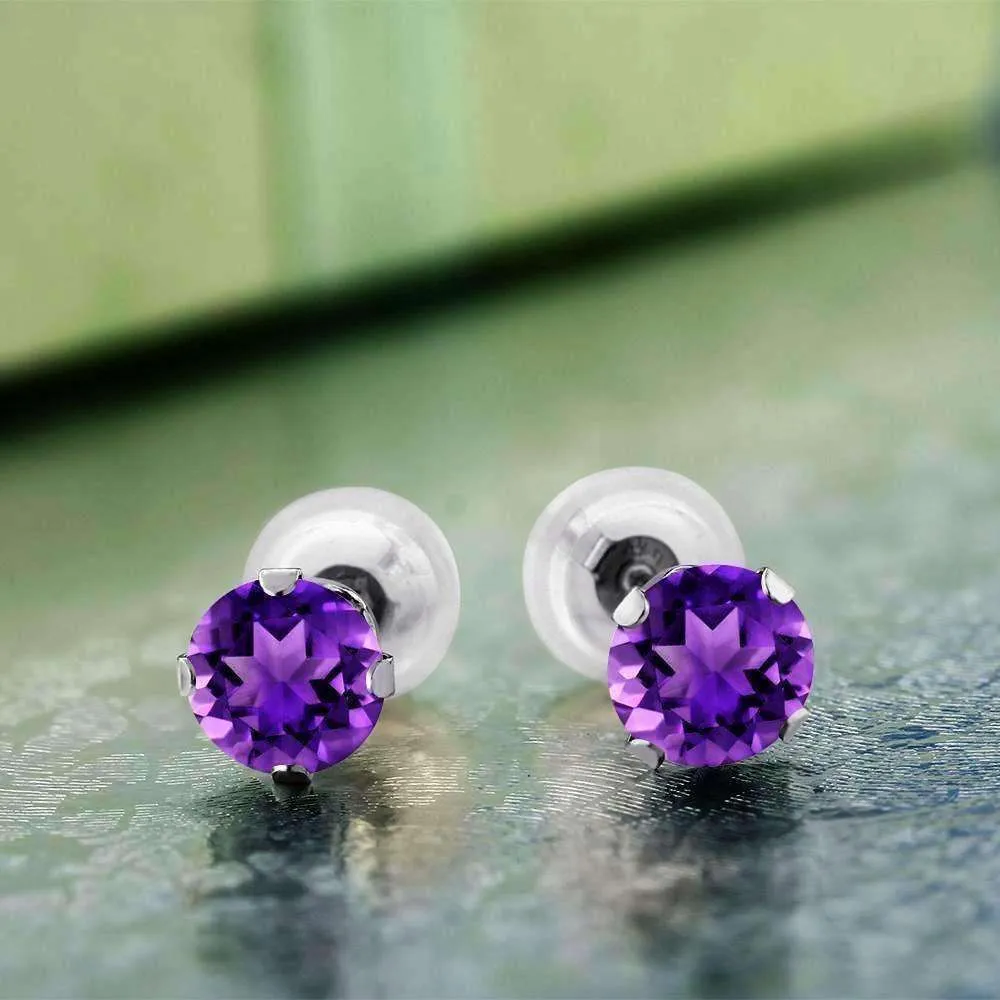 1CTW Genuine Amethyst 10K White Gold IOBI Precious Gems Stud Earrings