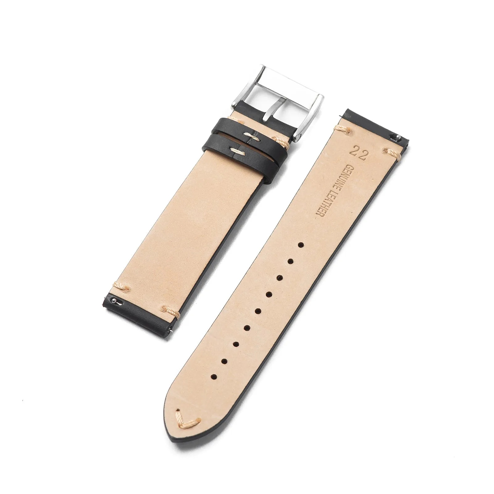 22mm Quick Release Simple Stitch Leather Watch Strap - Black