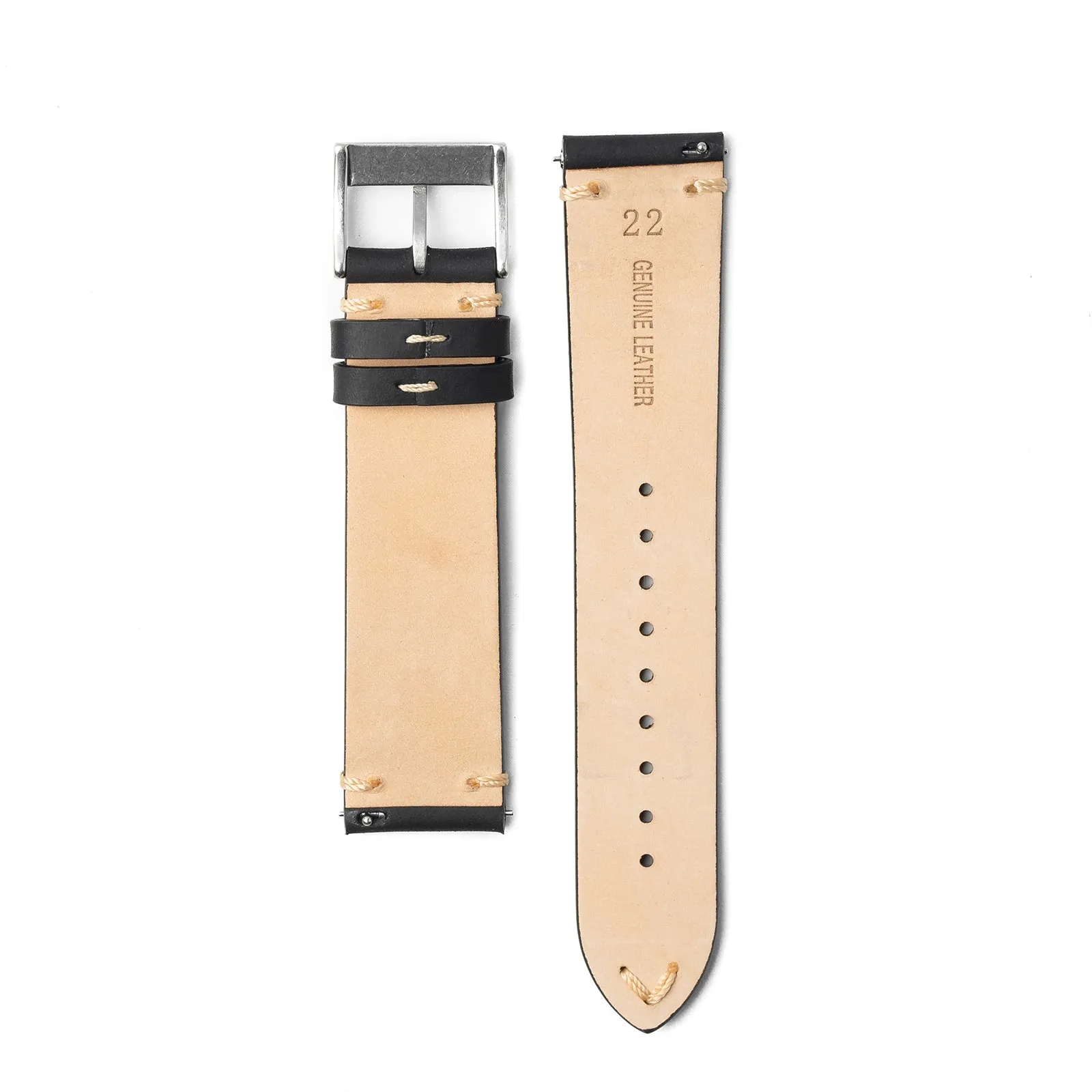 22mm Quick Release Simple Stitch Leather Watch Strap - Black