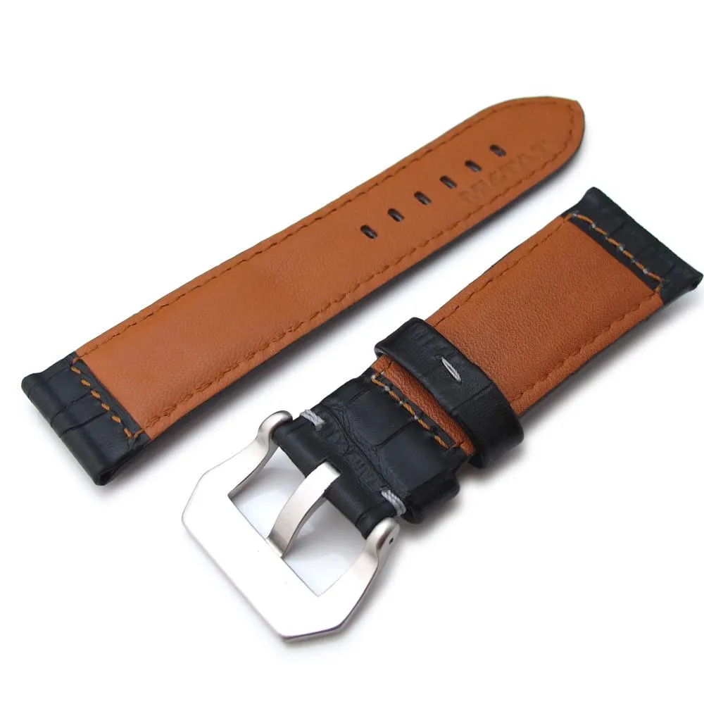 24mm CrocoCalf (Croco Grain) Matte Black Watch Strap with Grey Stitches