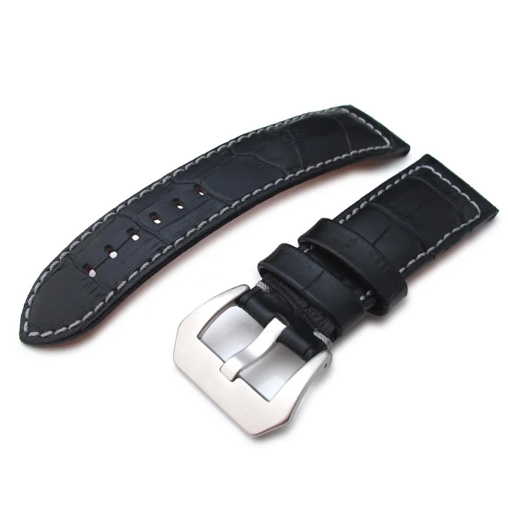 24mm CrocoCalf (Croco Grain) Matte Black Watch Strap with Grey Stitches