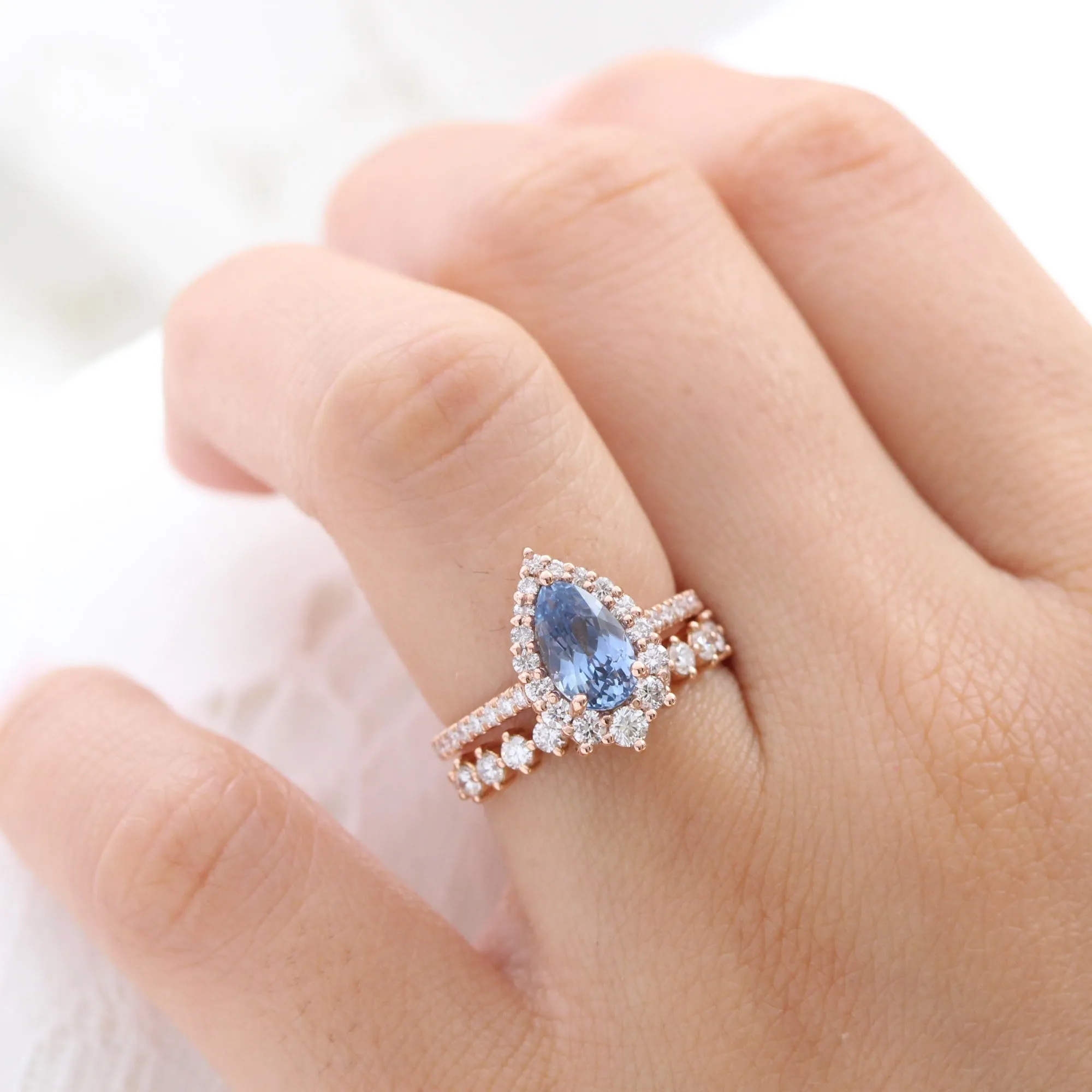 2.57 Ct Pear Aqua Blue Sapphire Ring in 14k Rose Gold Tiara Halo Diamond, Size 6.25