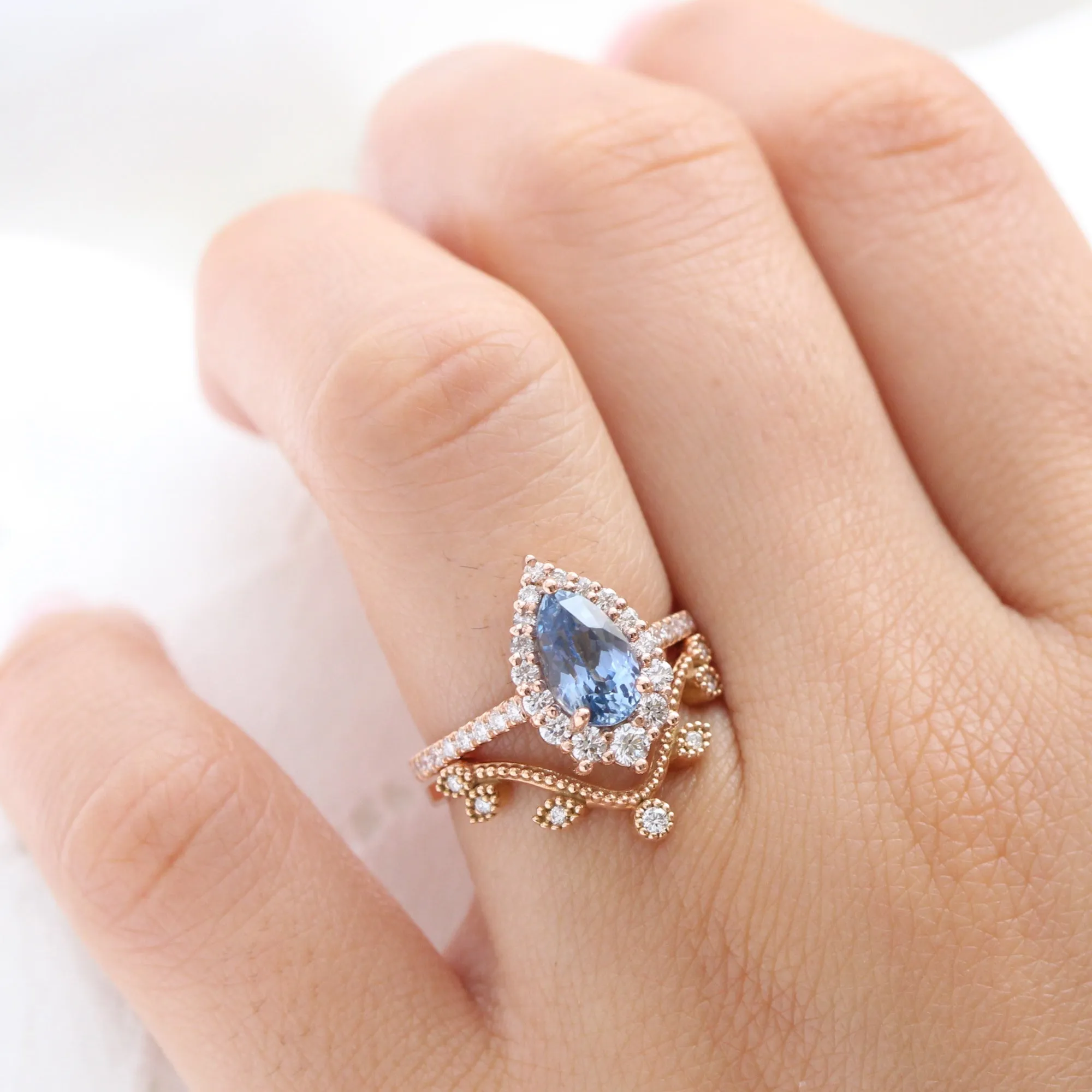 2.57 Ct Pear Aqua Blue Sapphire Ring in 14k Rose Gold Tiara Halo Diamond, Size 6.25