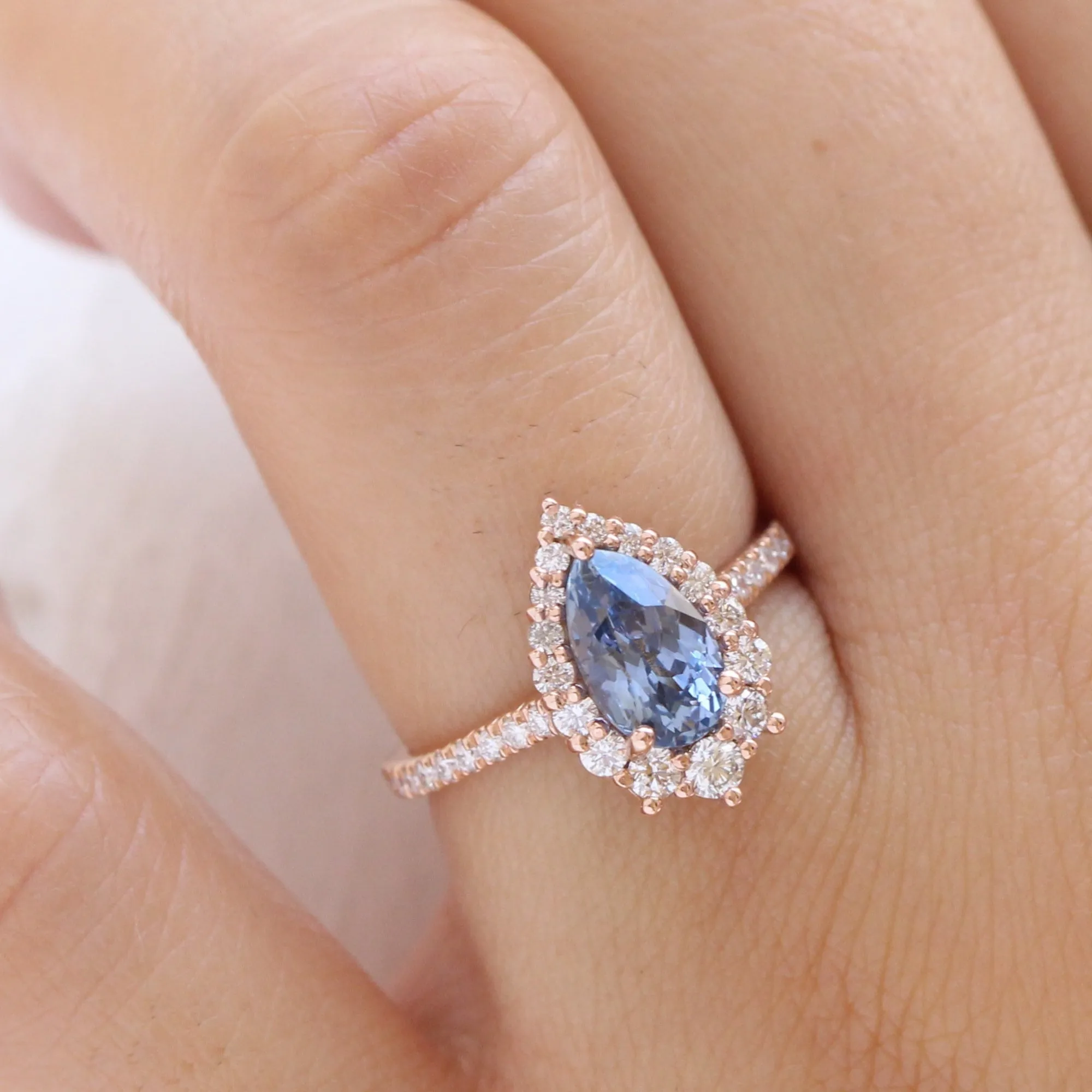 2.57 Ct Pear Aqua Blue Sapphire Ring in 14k Rose Gold Tiara Halo Diamond, Size 6.25