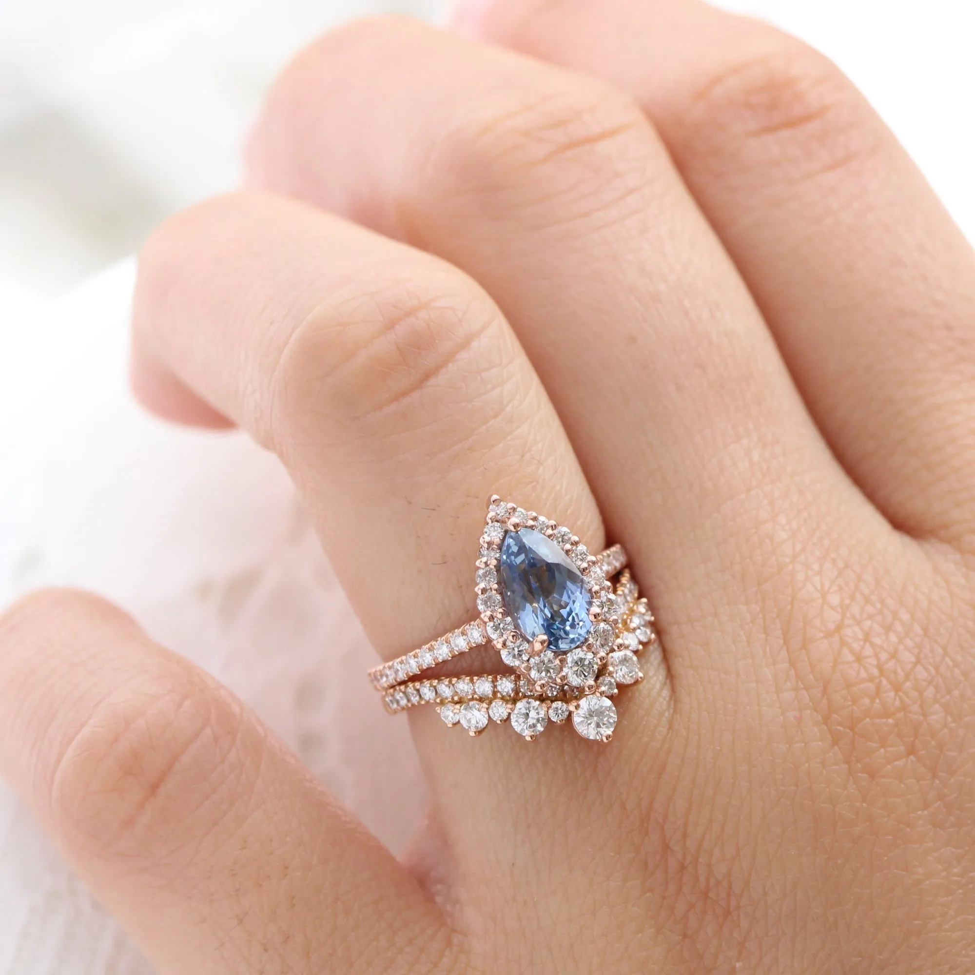 2.57 Ct Pear Aqua Blue Sapphire Ring in 14k Rose Gold Tiara Halo Diamond, Size 6.25