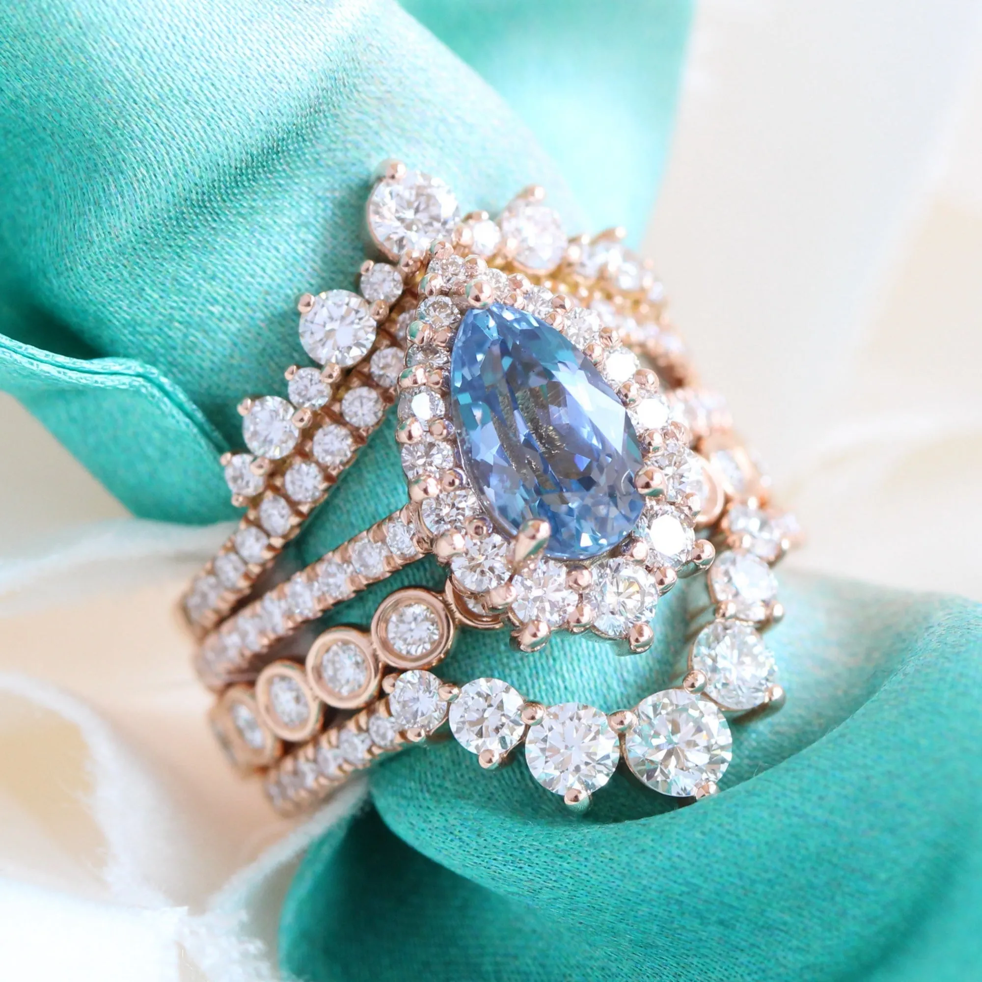 2.57 Ct Pear Aqua Blue Sapphire Ring in 14k Rose Gold Tiara Halo Diamond, Size 6.25