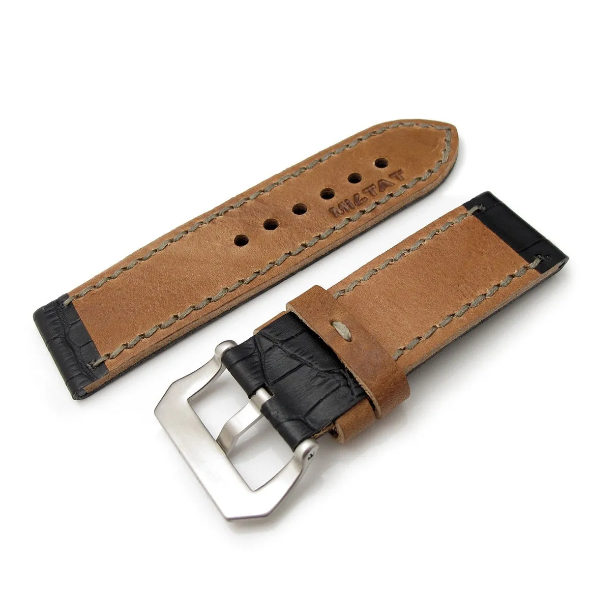 26mm MiLTAT Antipode Watch Strap Matte Black CrocoCalf in Grey Hand Stitches