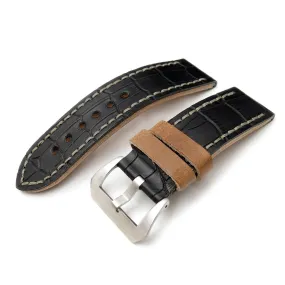 26mm MiLTAT Antipode Watch Strap Matte Black CrocoCalf in Grey Hand Stitches