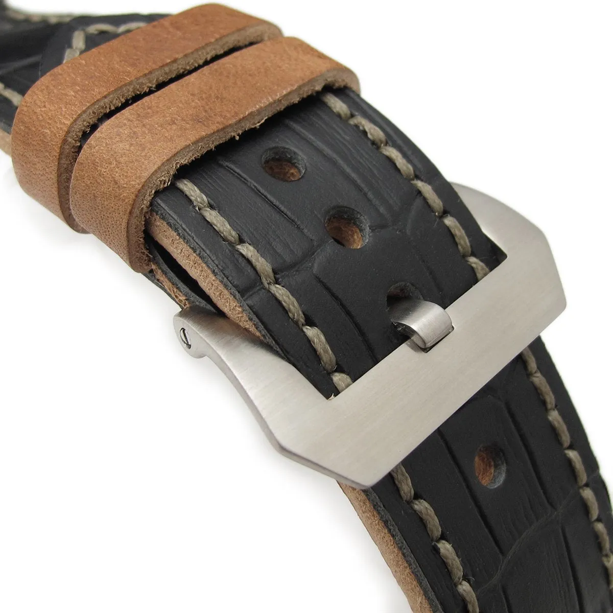 26mm MiLTAT Antipode Watch Strap Matte Black CrocoCalf in Grey Hand Stitches