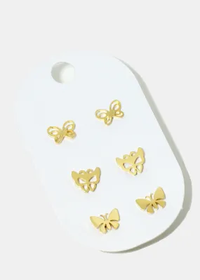 3-Pair Butterfly Stud Earrings