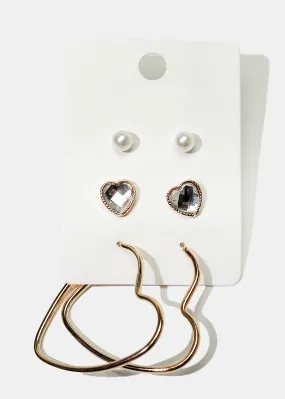 3-Pair Heart Earrings