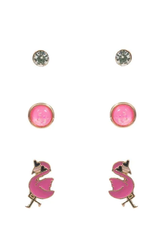 3 Pairs - Flamingo Stud Earring Set