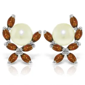 3.25 Carat 14K Solid White Gold Stud Earrings Natural Garnet Pearl