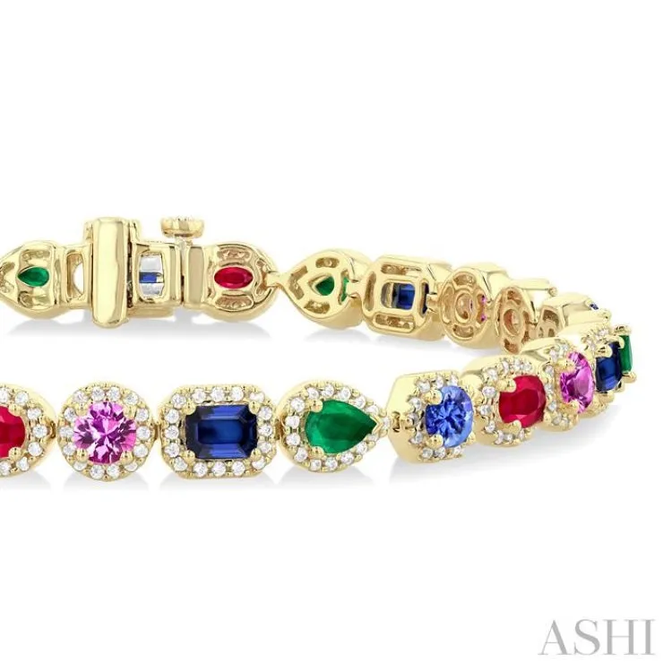 4X3MM & 4MM Mixed Shape Gemstone Rainbow and 1 1/3 ctw Round Cut Diamond Halo Precious Tennis Bracelet in 14K Yellow Gold