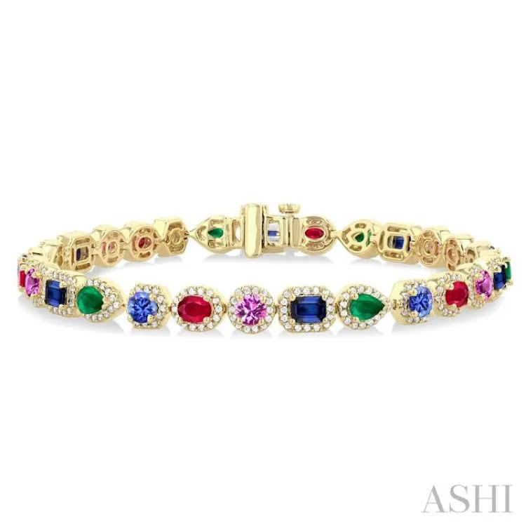 4X3MM & 4MM Mixed Shape Gemstone Rainbow and 1 1/3 ctw Round Cut Diamond Halo Precious Tennis Bracelet in 14K Yellow Gold