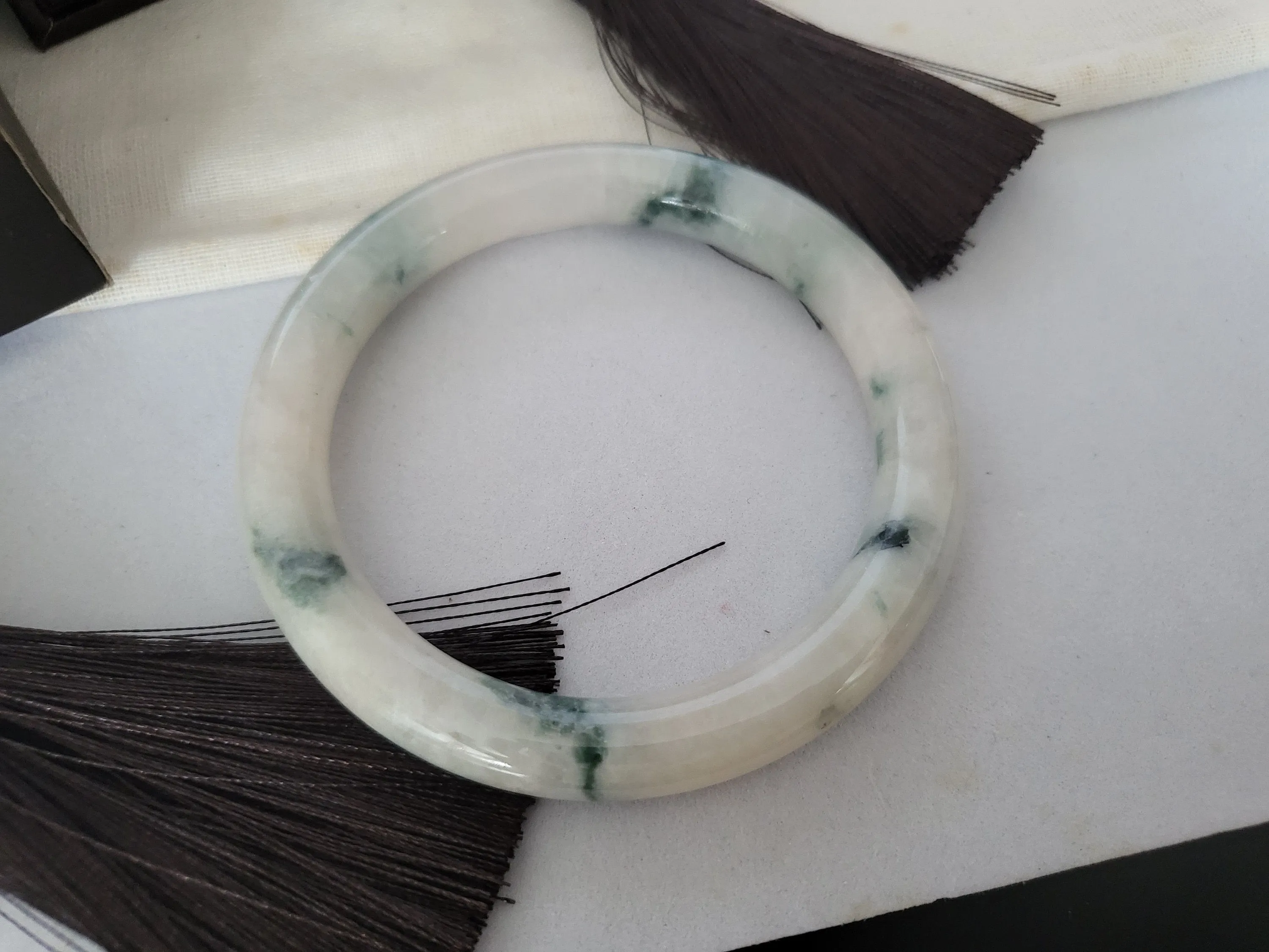 57mm Jadeite Grade A Bangle Natural Burma Jade White Flower Green [PINE WINTERLAND COLLECTION]