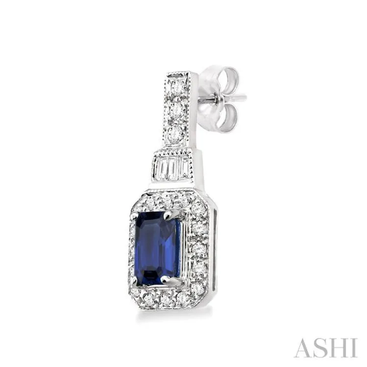 5x3 MM Octagon Cut Sapphire and 1/4 Ctw Round and Baguette Cut Diamond Earrings in 14K White Gold