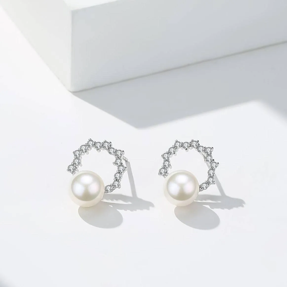 6-7mm Freshwater Pearl & Cubic Zirconia Halo Stud Earrings