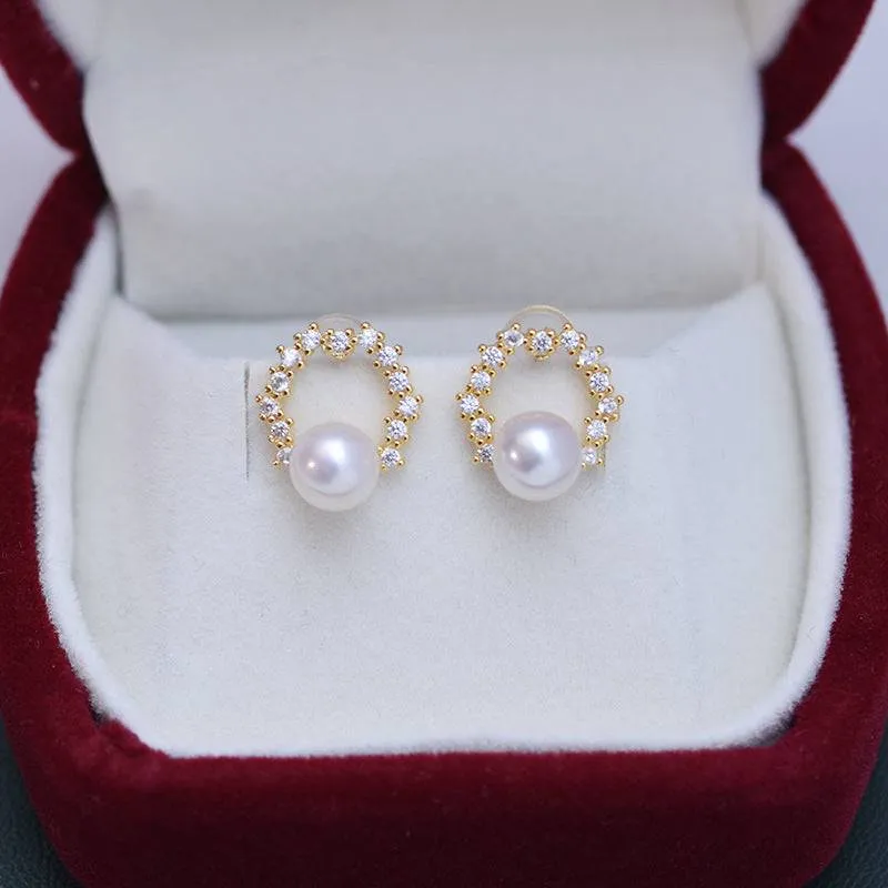 6-7mm Freshwater Pearl & Cubic Zirconia Halo Stud Earrings