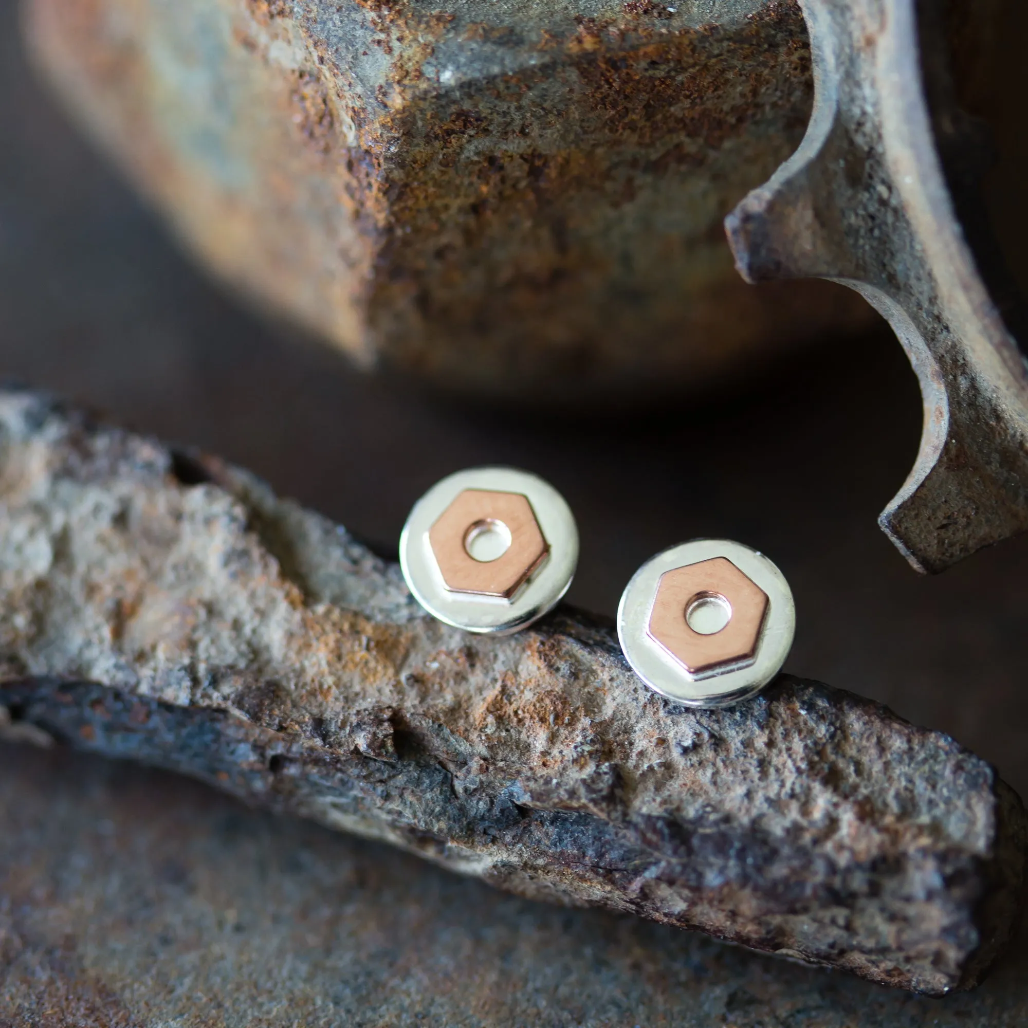 6.5mm Hex Nut Stud Earrings, Sterling Silver and Copper