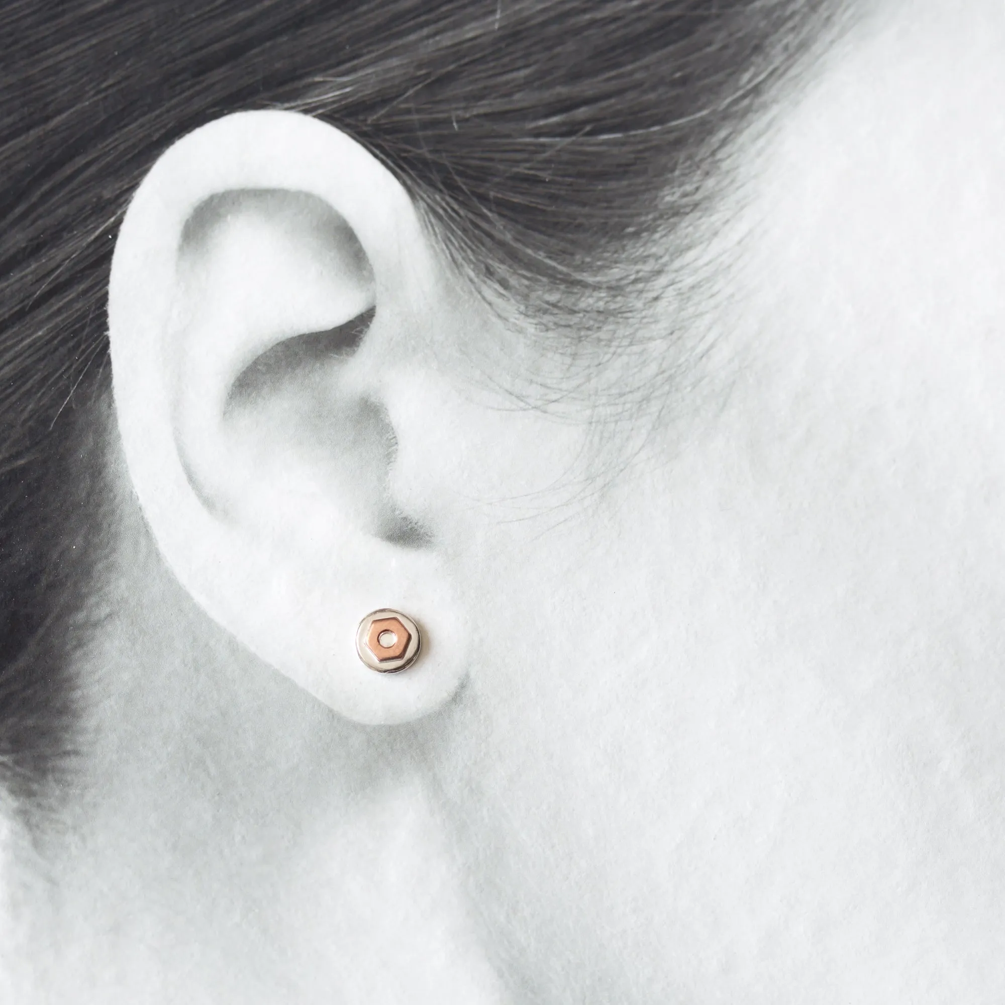 6.5mm Hex Nut Stud Earrings, Sterling Silver and Copper