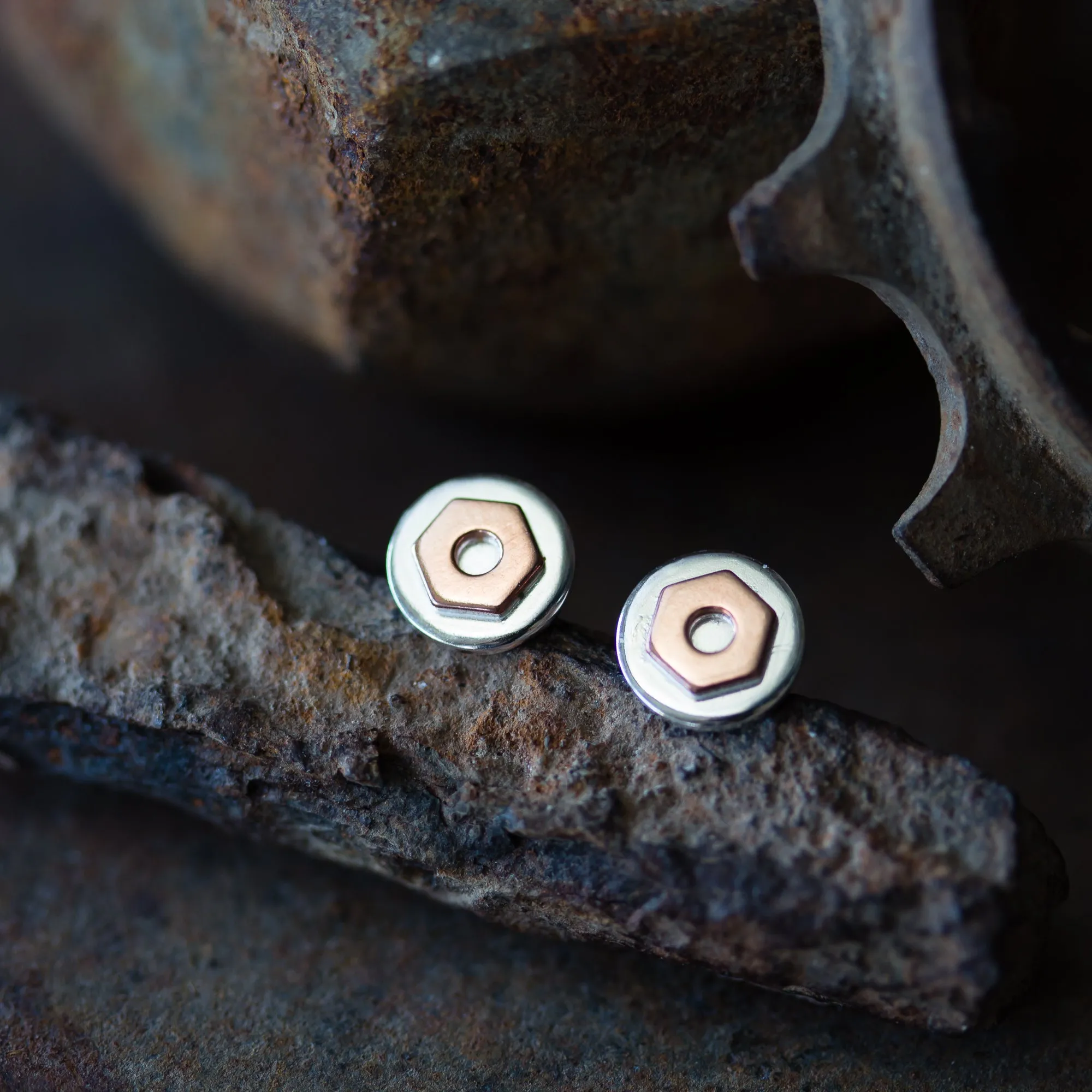 6.5mm Hex Nut Stud Earrings, Sterling Silver and Copper