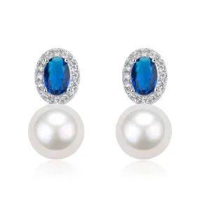 7-8mm Blue Crystal CZ Pearl Earrings