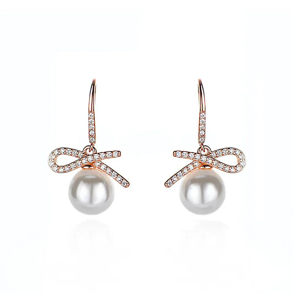 925 Silver Bow Pearl Drop Earrings