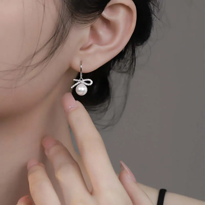 925 Silver Bow Pearl Drop Earrings