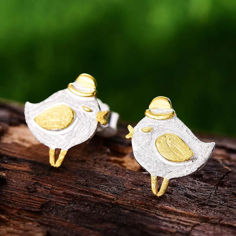 925 Silver Cute Hat Bird Gold Stud Earrings