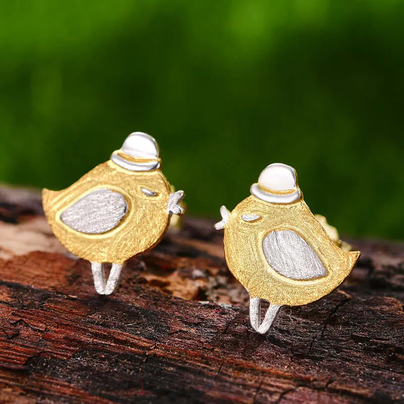 925 Silver Cute Hat Bird Gold Stud Earrings