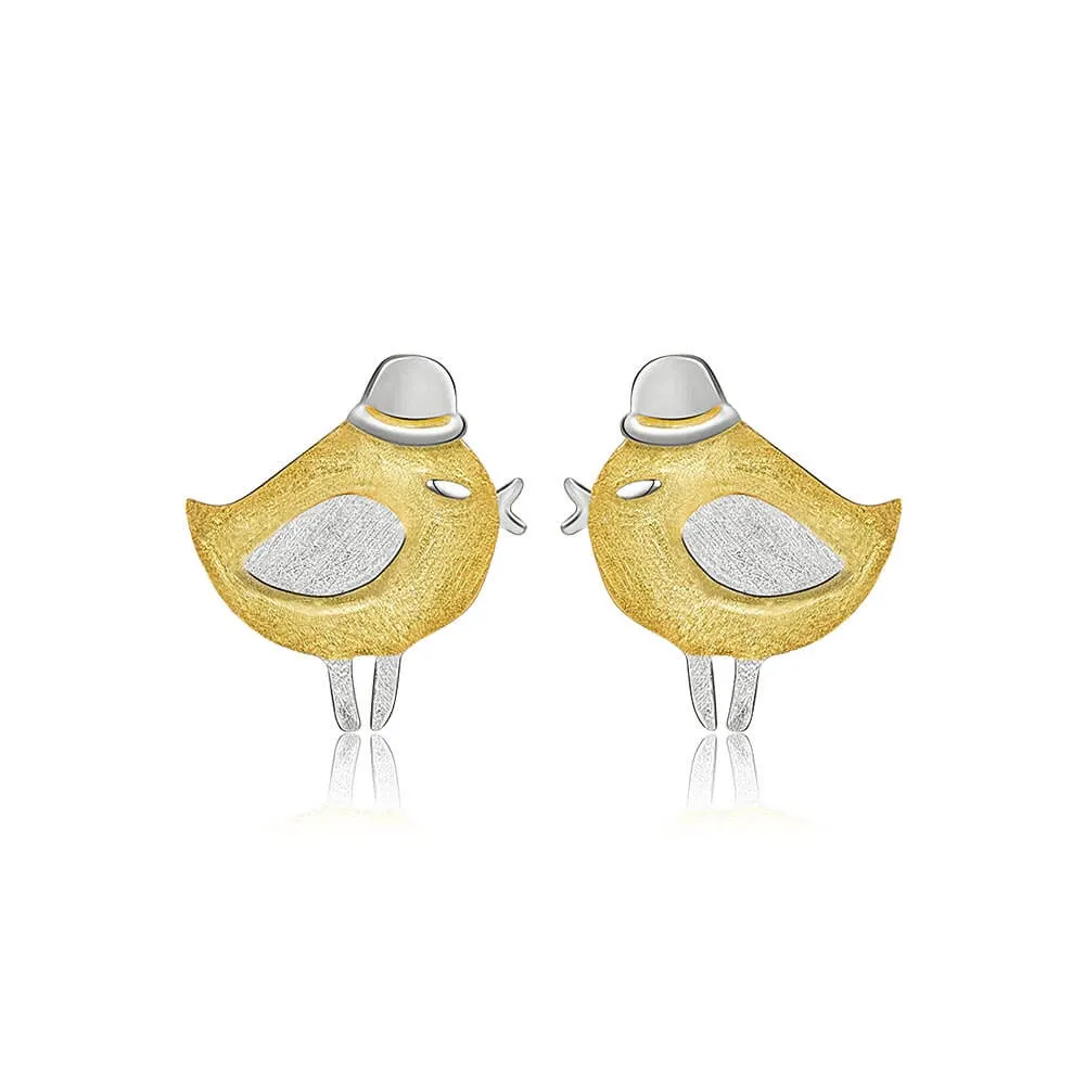 925 Silver Cute Hat Bird Gold Stud Earrings