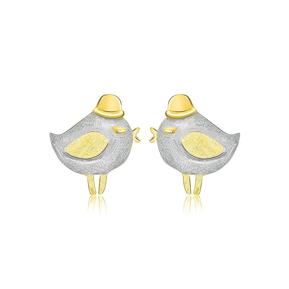 925 Silver Cute Hat Bird Gold Stud Earrings