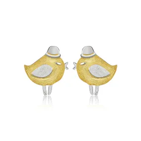 925 Silver Cute Hat Bird Gold Stud Earrings