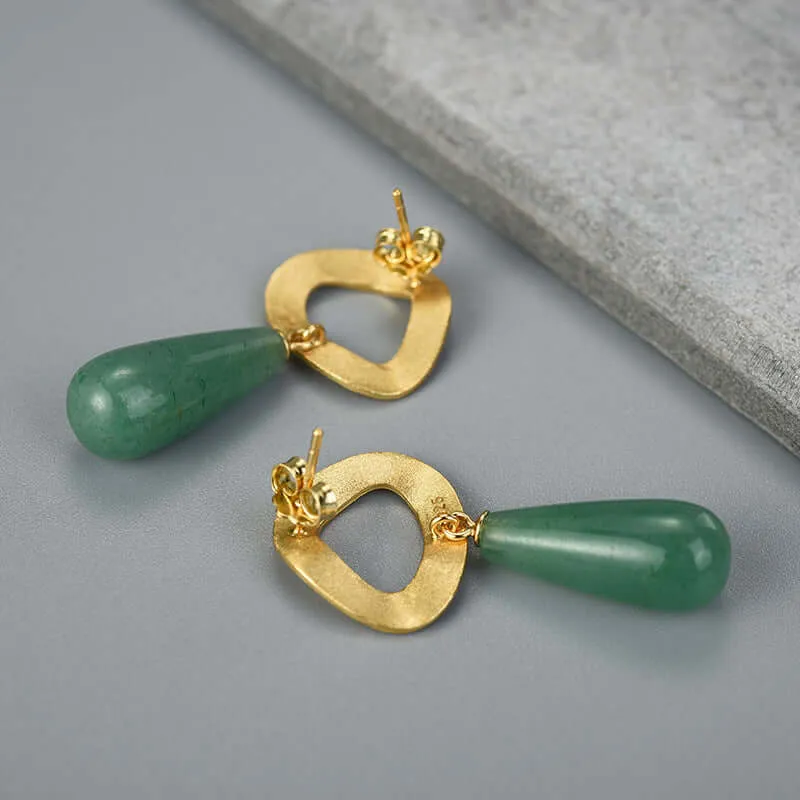 925 Silver Round Drop Shape Gold Teal Stone Stud Earrings