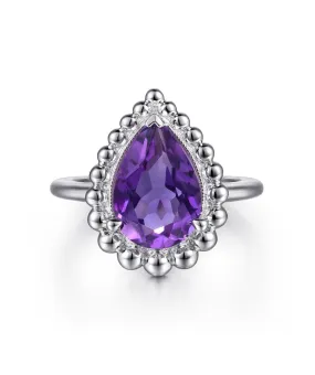 925 Sterling Silver Amethyst Bujukan Pear Shape Ring With Pattern