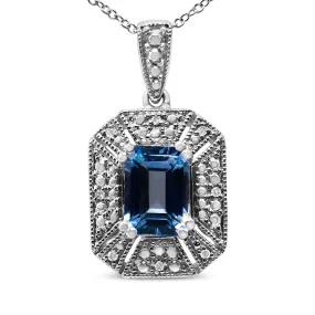 .925 Sterling Silver Blue Topaz and Diamond Accent Art Deco Style 18" Pendant Necklace