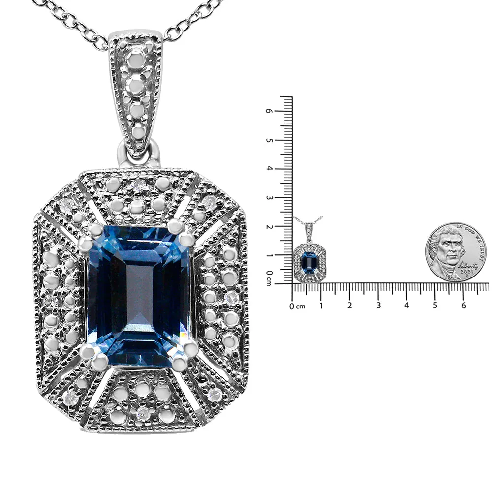 .925 Sterling Silver Blue Topaz and Diamond Accent Art Deco Style 18" Pendant Necklace