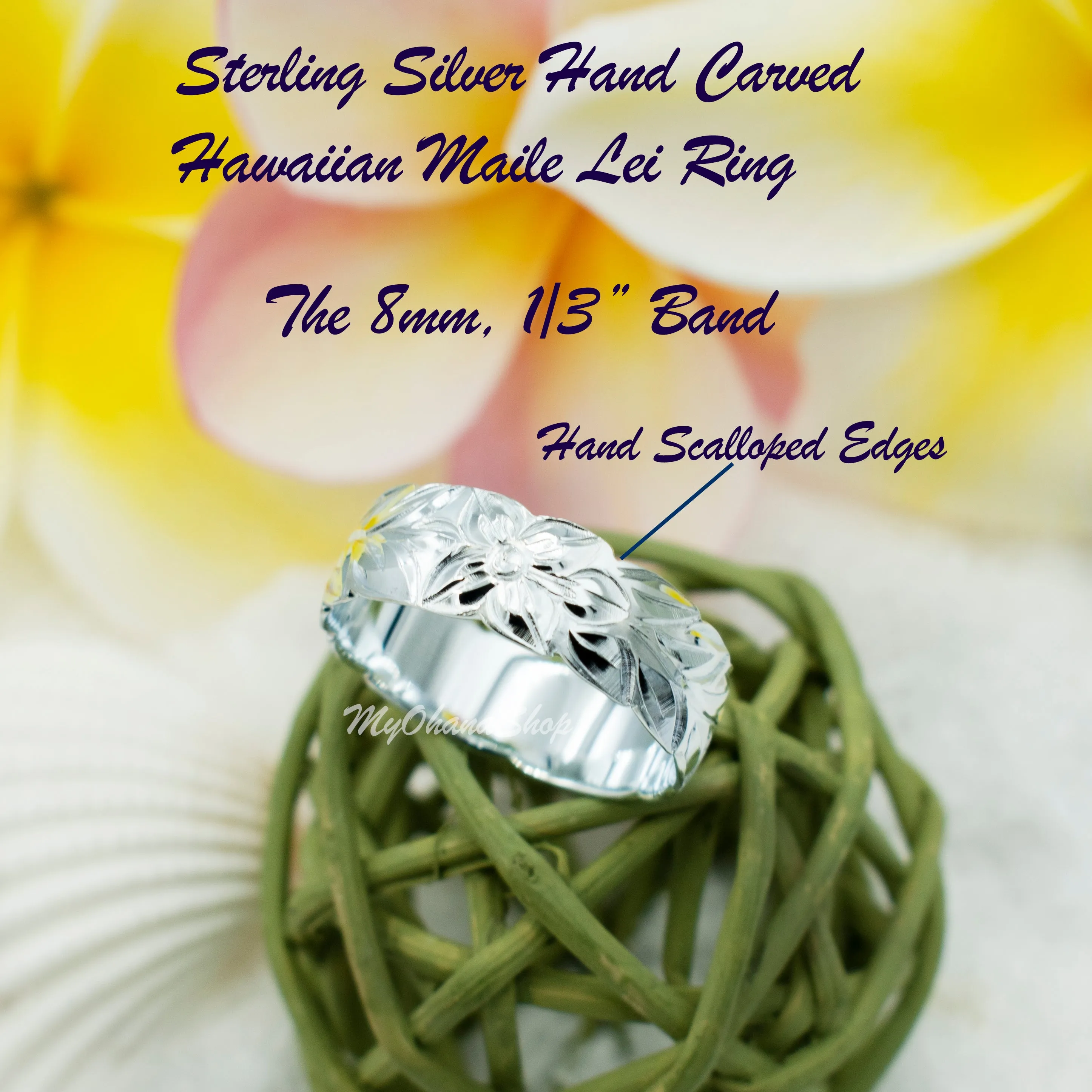 925 Sterling Silver Hawaiian Maile Lei Ring For Women.  6mm, 8mm Hand-Carved, Engraved With Plumeria & Maile Leaves, Island Wedding Bands.