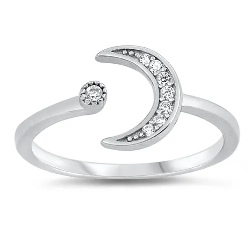 925 Sterling Silver Moon & Star Ring With Clear CZ - 9mm