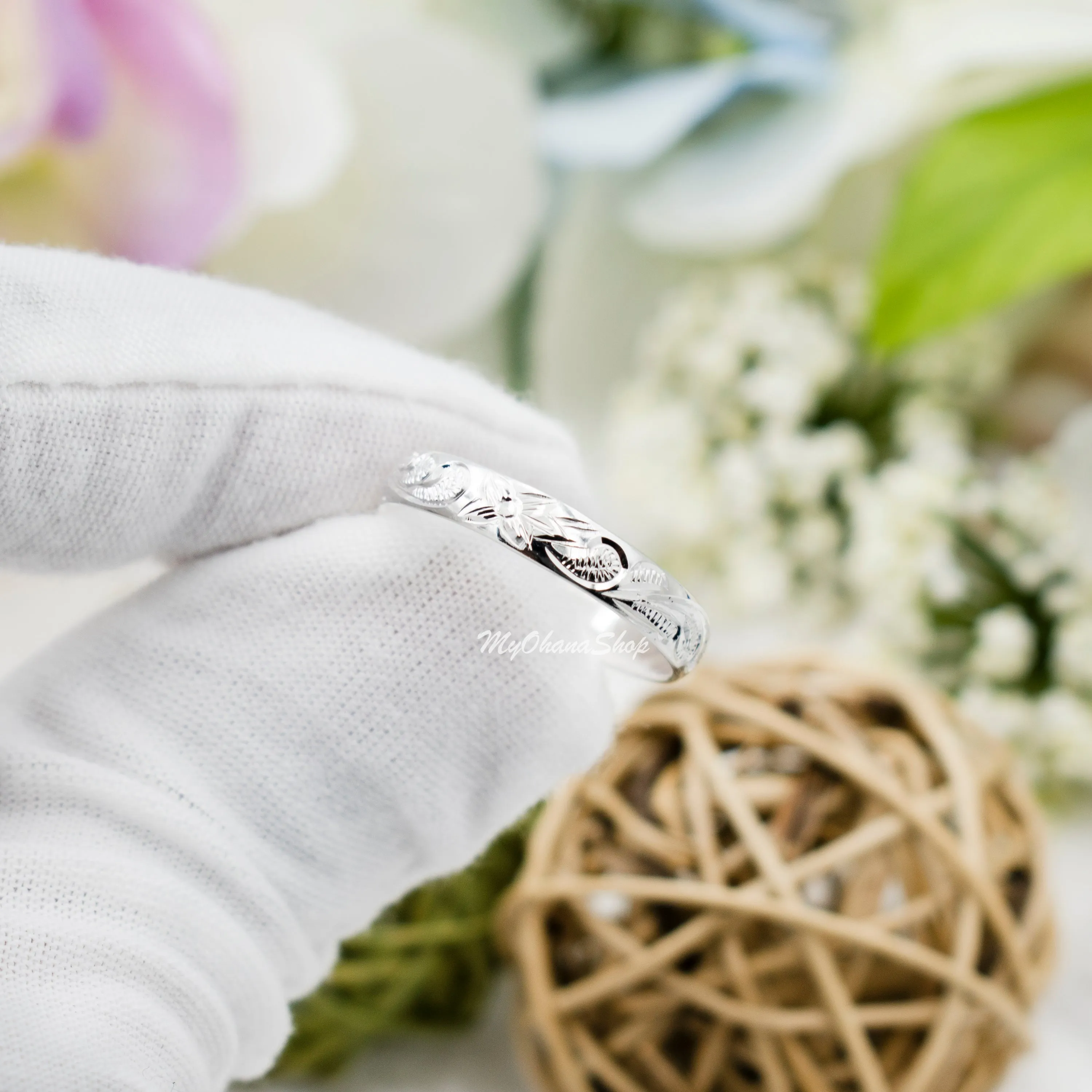 925 Sterling Silver Stacking Hawaiian Scrolled Ring.  4mm Engraved, Hand-Carved, Stackable Plumeria Ring For Toe, Midi, and Thumb Ring.