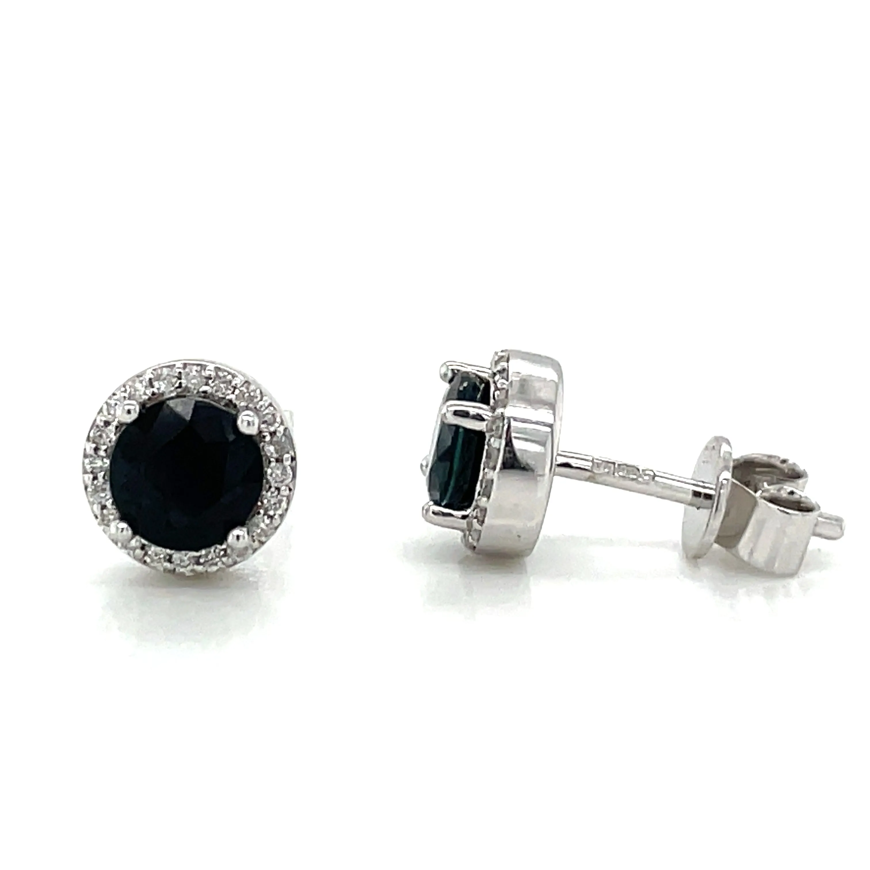 9ct White Gold Earth Grown Round Sapphire & Diamond Halo Stud Earrings