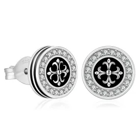 9mm Black Iced Diamond Stud Earrings - Cross Fleur-de-lis Lily flower