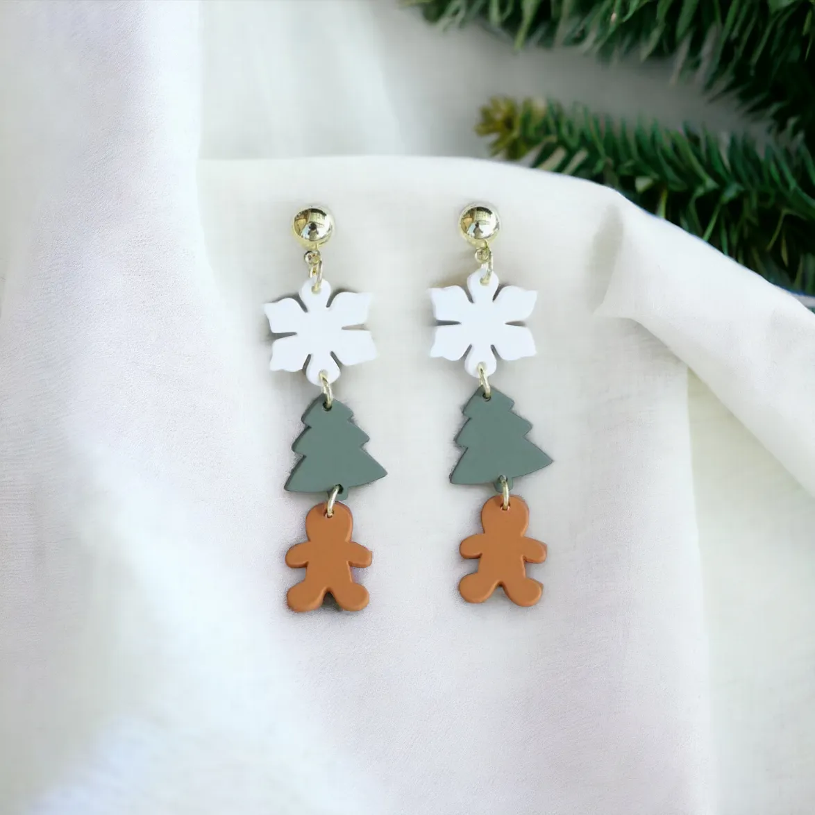 Acryllic Snowflake, Christmas Tree, and Gingerbread Man Holiday Stud Drop Earrings