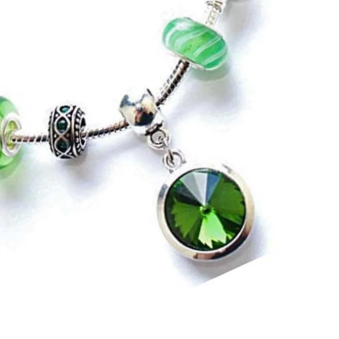 Adult's 'May Birthstone' Emerald Colored Crystal Silver Plated Charm Bead Bracelet