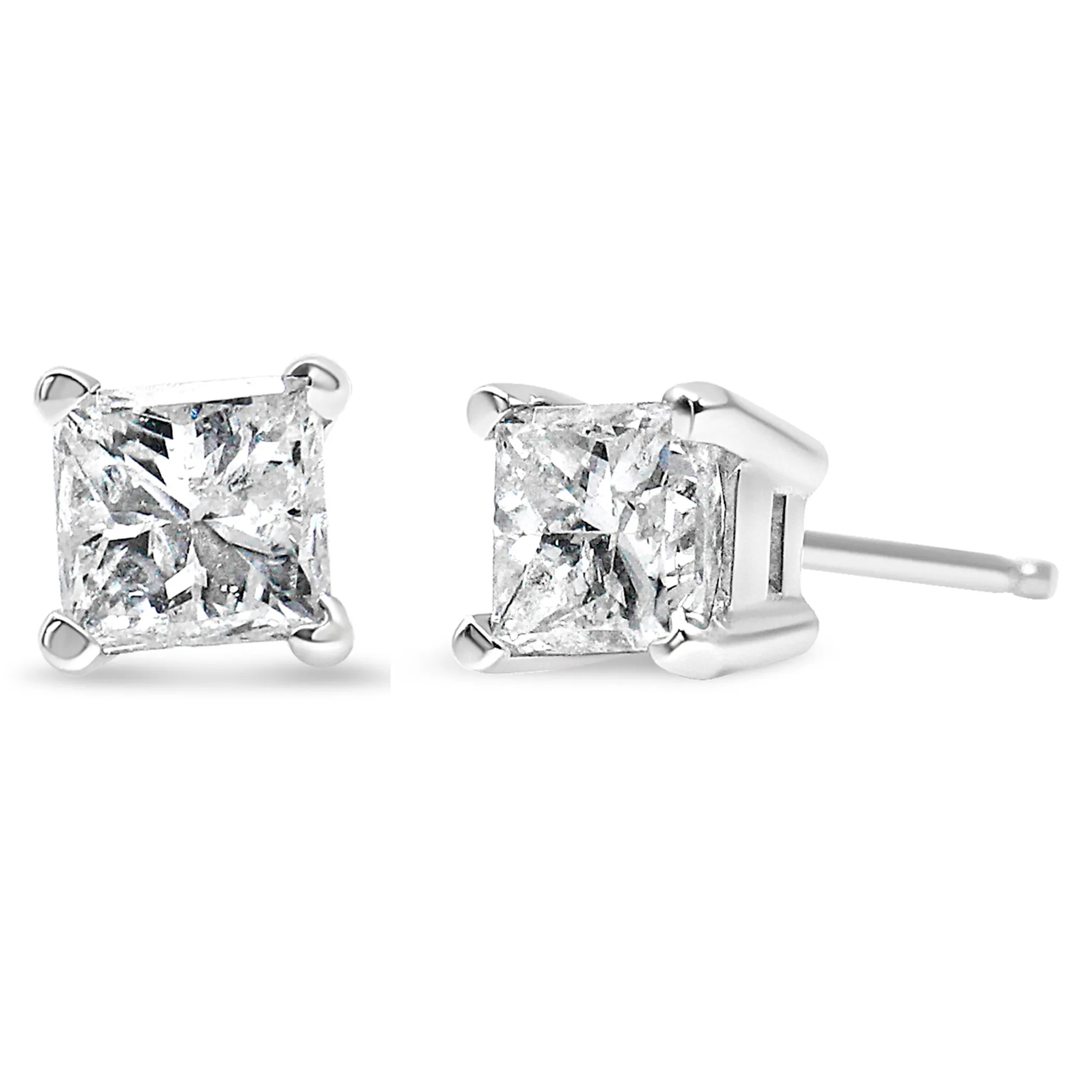 AGS Certified Princess-Cut Square Diamond 4-Prong Solitaire Stud Earrings in 14K Gold (L-M Color, I1-I2 Clarity)