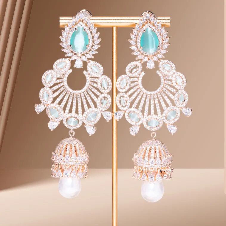 Alara Mint & Rose Gold Statement Indian Jewelry Earrings Rose Gold - Jaipur Rose Modern Luxury Designer Indian Jewelry